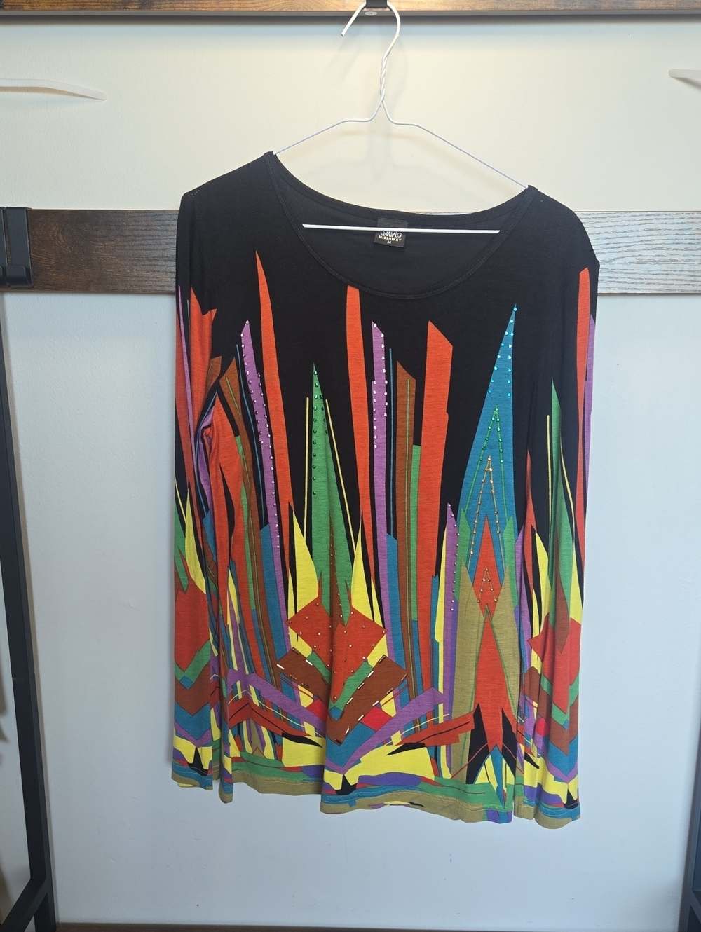 Black Long-Sleeve Geo-Print Tee with Multicolor Accents